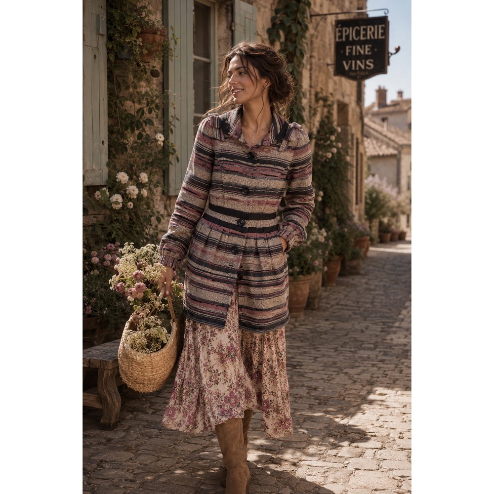 ELEVENSES Anthropologie PATTERN MAKER'S‎ Striped Wool Bow Coat 4 FEMININE PLEAT